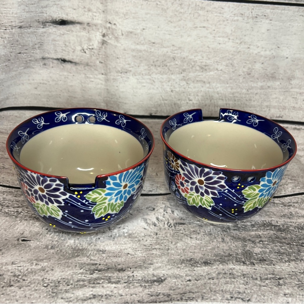 Urban Tokyo Nacomi Japanese Navy Blue Floral Ceramic Ramen Noodle Bowls Lot of 2